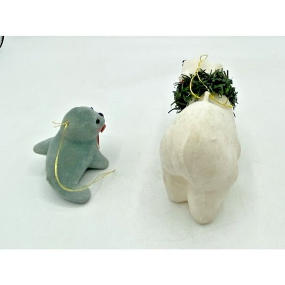 2 Fuzzy Christmas Ornaments Seal & Polar Bear Flocked Holiday Decor Kitsch Retro - Picture 6 of 12